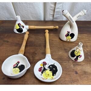Vintage Hand Painted Ceramic Rooster Chicken Kitchen Utensil Tool Gadget Japan